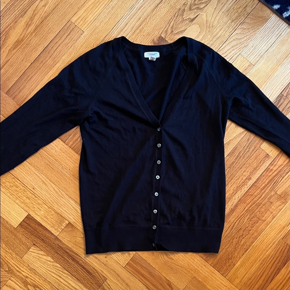 Lands End Canvas Classic Black Cardigan Sweater cotton and Cashmere Size Small